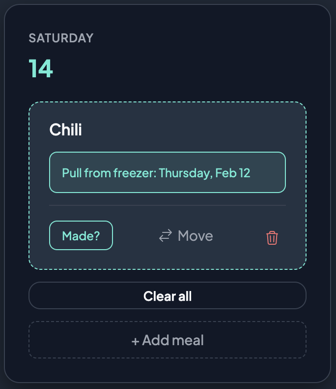 Freezer reminder interface showing when to thaw ingredients