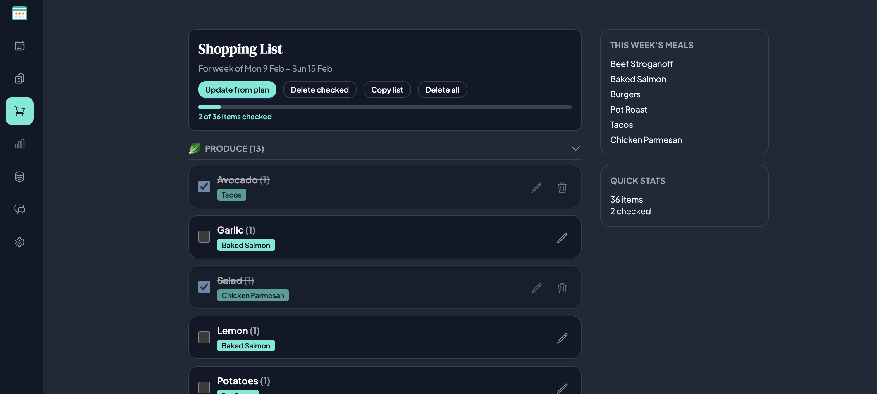Shopping list interface highlighting grouped ingredients and progress