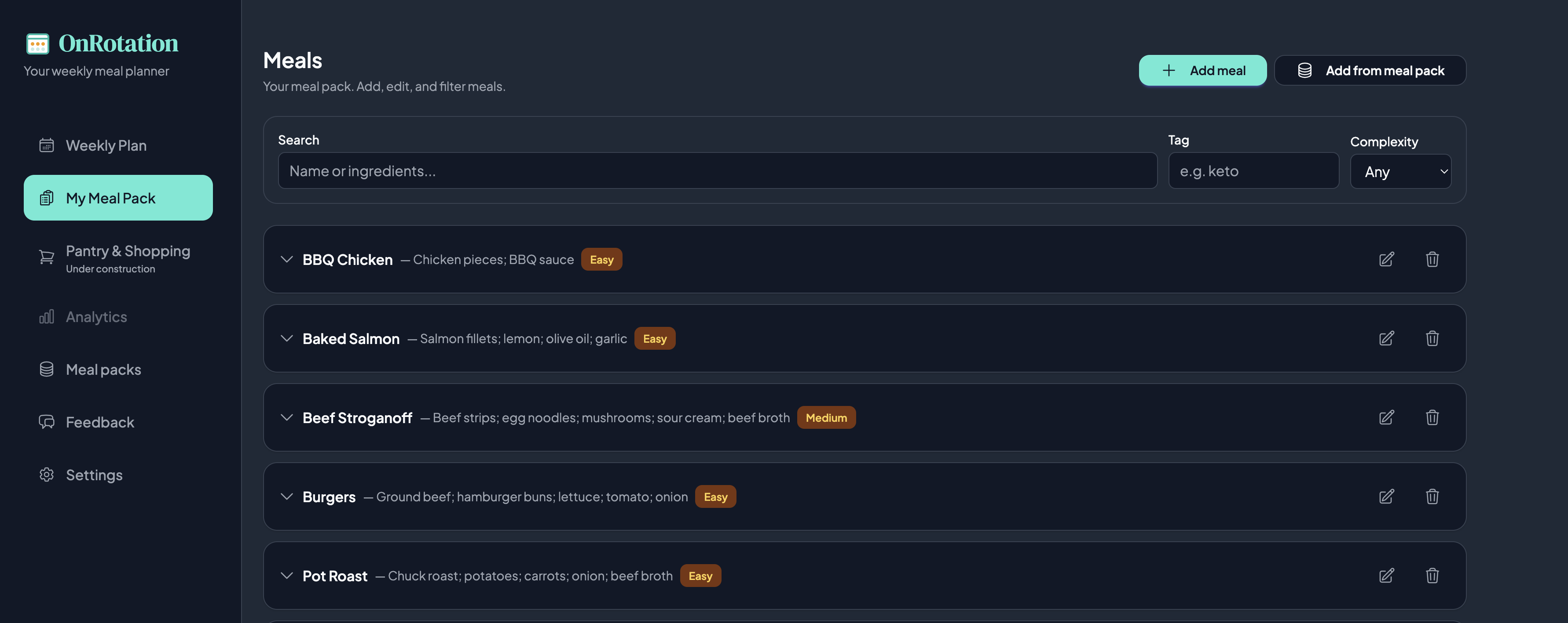 Meal pack library showing saved meals with filters and complexity tags
