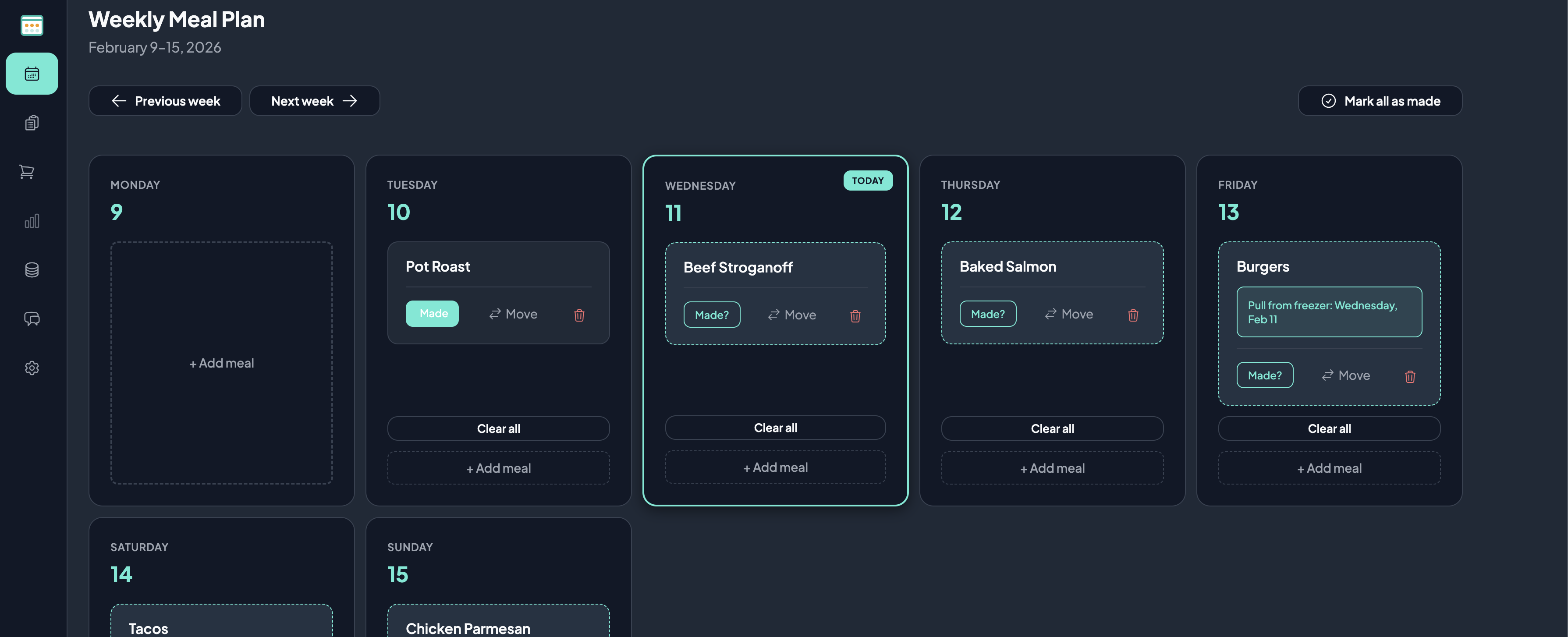 Weekly meal planner layout showing the seven-day rotation