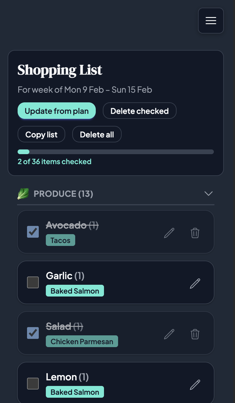 Shopping list interface with grouped ingredients and check-off progress